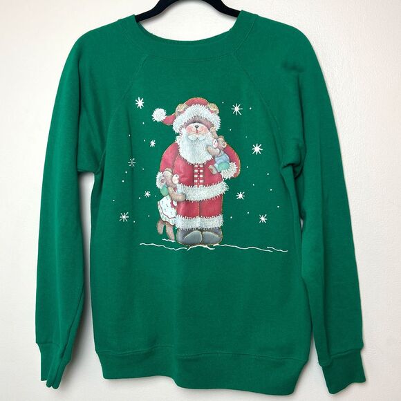 Vintage‎ Hanes Sport M Green Christmas Sweatshirt Santa Bear Graphic Holiday - Picture 1 of 4